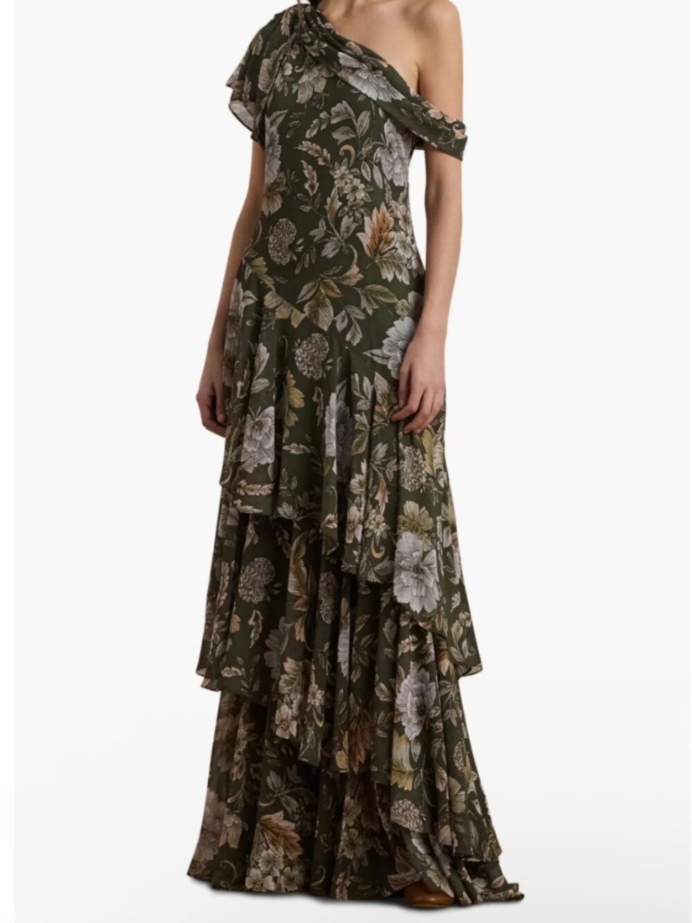 Lauren Ralph Lauren Farm Olive Floral Asymmetric One Shoulder Maxi Dress 6 NWT - Picture 1 of 10